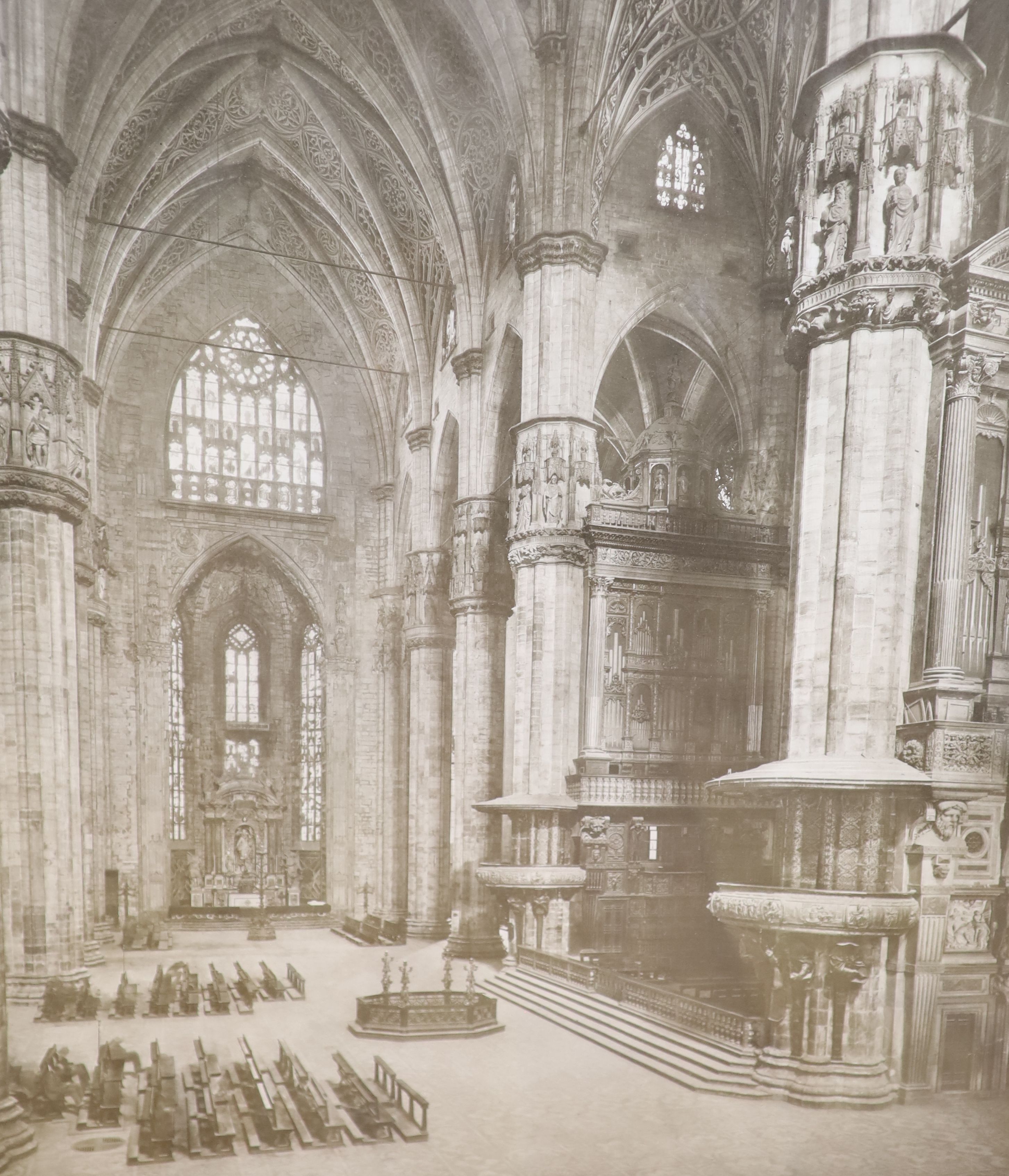 Two early 20th century black and white photographs of a cathedral and interior, 33 x 42cm and 56 x 46cm